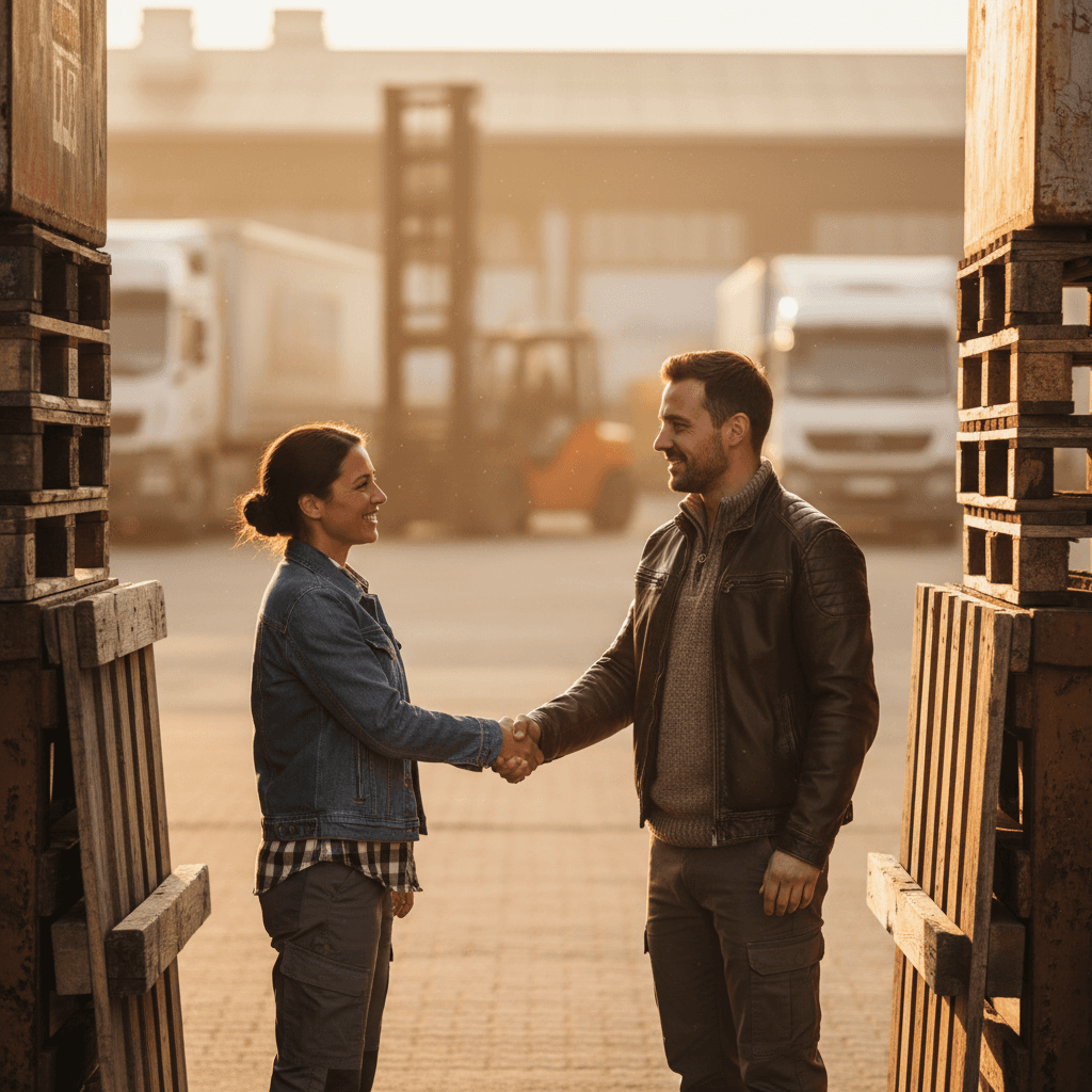 Two logistics professionals establishing a reliable partnership with a firm handshake