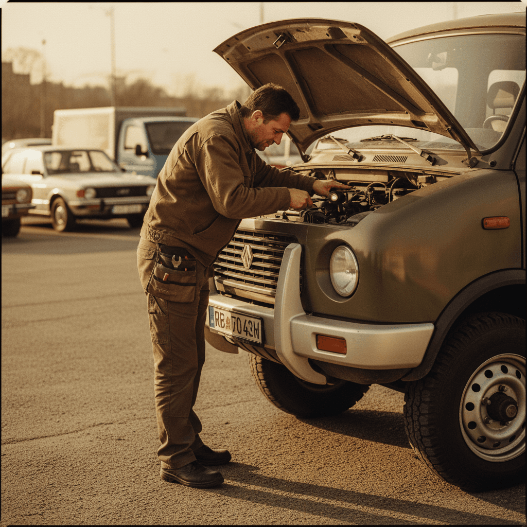 Logistics professional inspecting a used vehicle with expertise and attention to condition