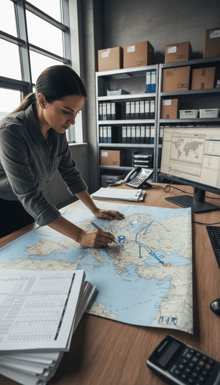 Logistics coordinator organizing vehicle transport routes and documentation