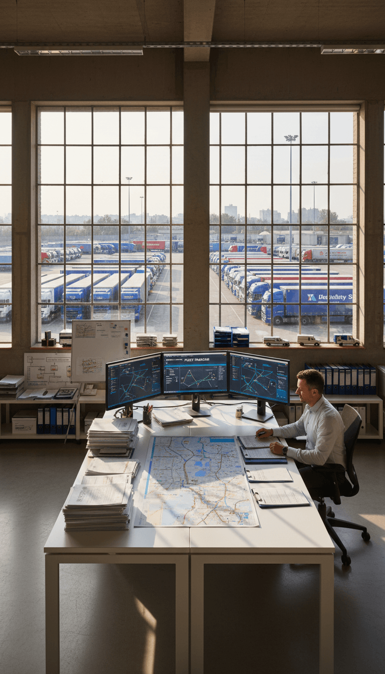 Logistics coordinator reviewing transport operations and vehicle movement planning at Winkler Trans & Trade s.r.o. headquarters in Prague