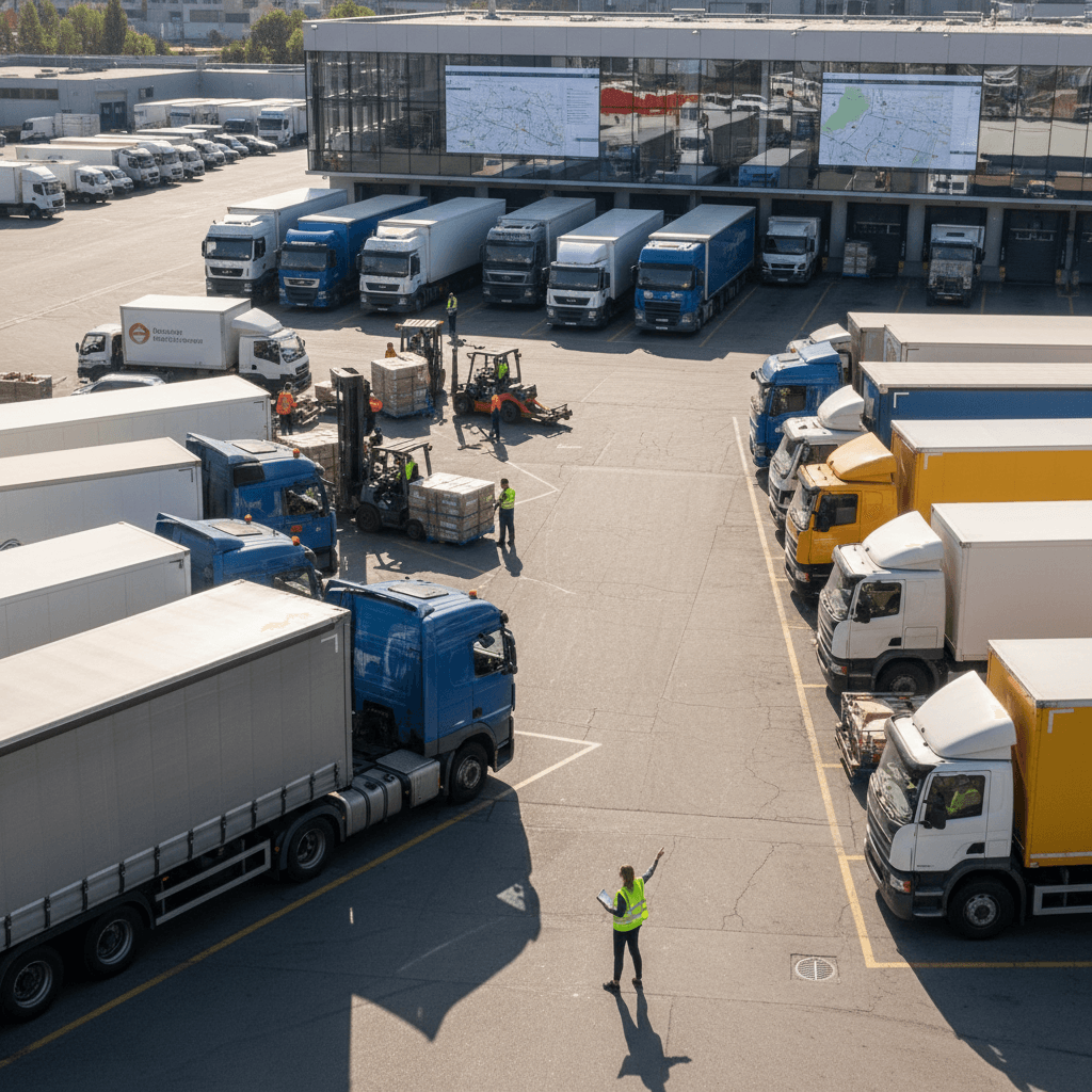 Organized logistics yard with multiple vehicles being coordinated for efficient transport
