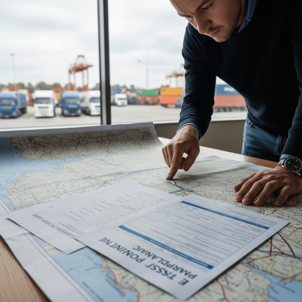 Logistics professional reviewing cross-border transport documentation and compliance requirements