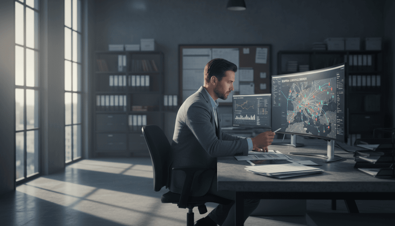 Logistics coordinator planning vehicle transport routes for European deliveries